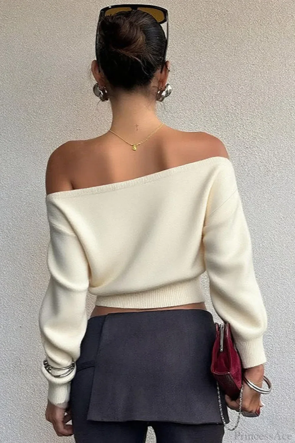 Minimalist Slim Asymmetrical Neck Long Sleeve Blouse - Image 2