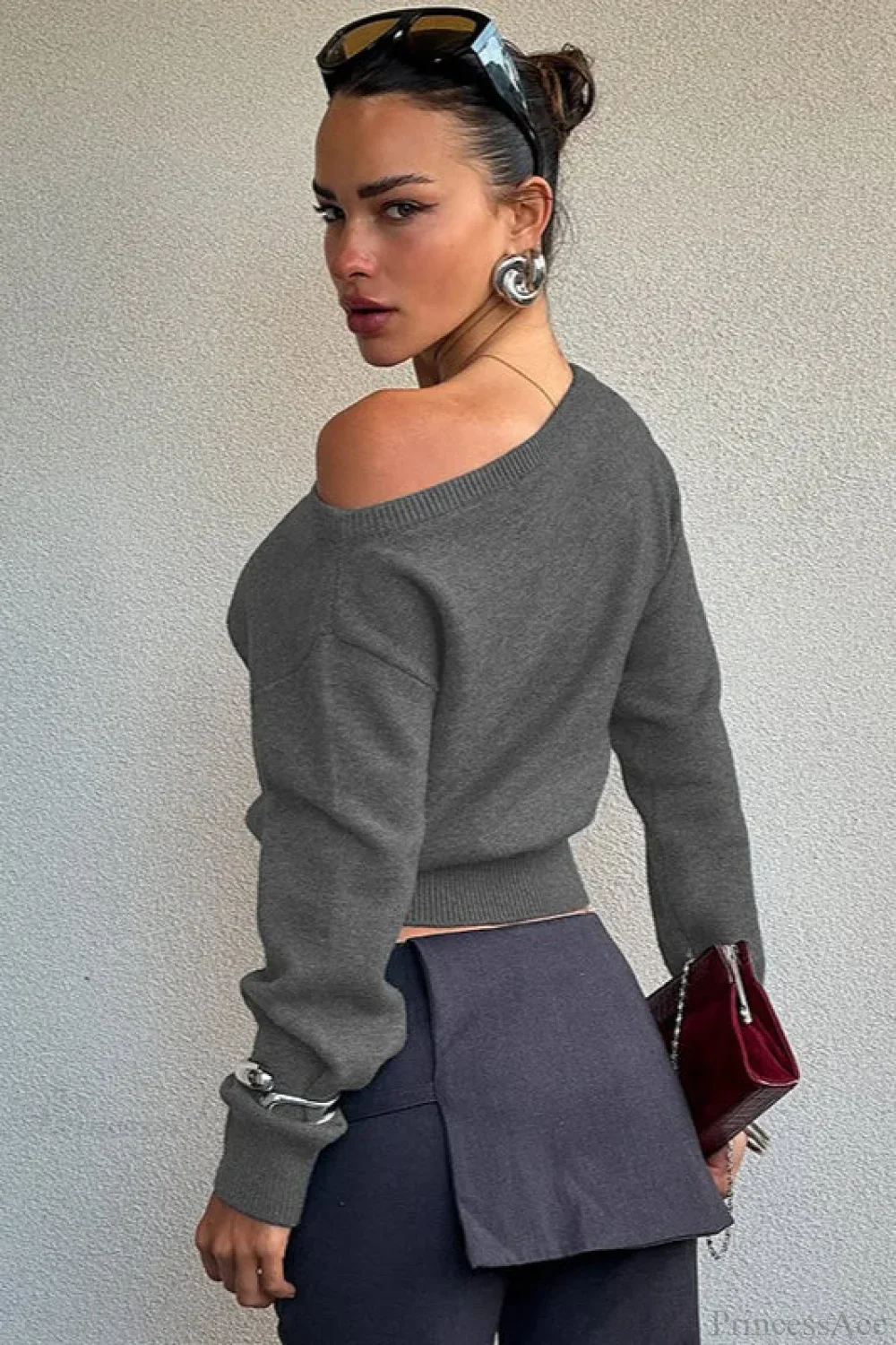 Minimalist Slim Asymmetrical Neck Long Sleeve Blouse - Image 6