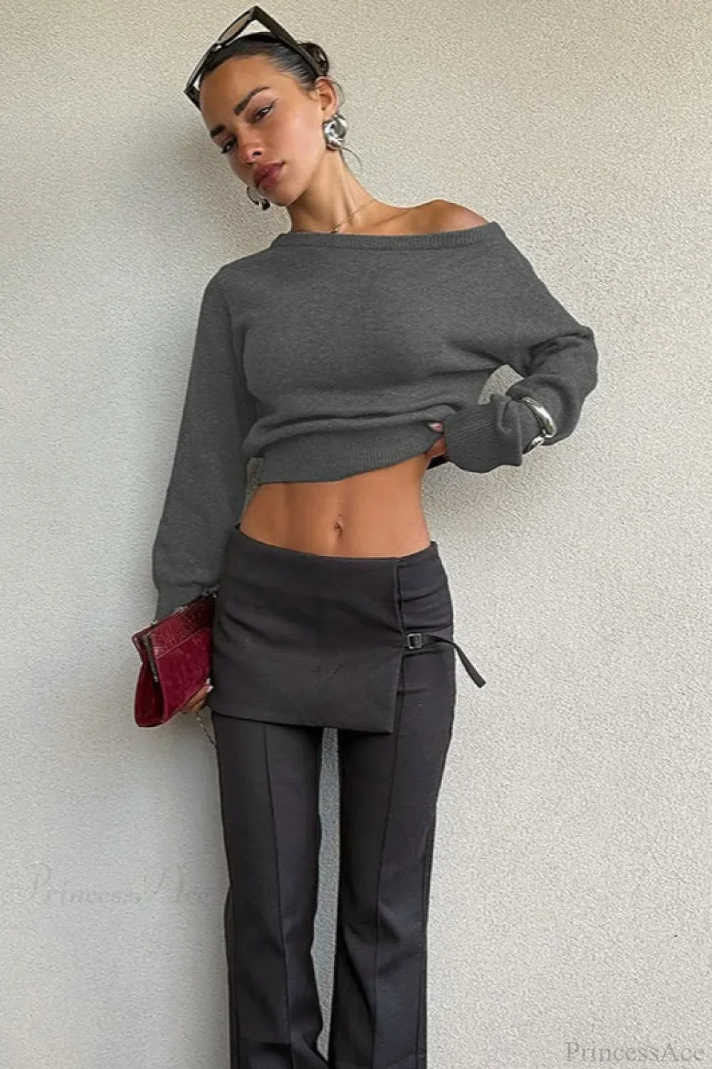 Minimalist Slim Asymmetrical Neck Long Sleeve Blouse - Image 7