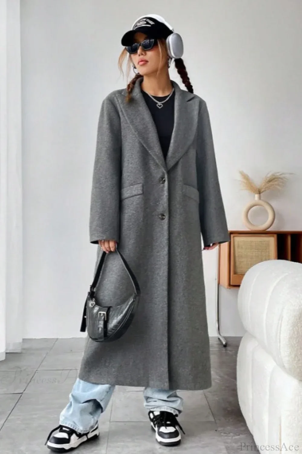 Minimalist Solid Color Elegant Notched Collar Relaxed Wool Overcoat - Image 5