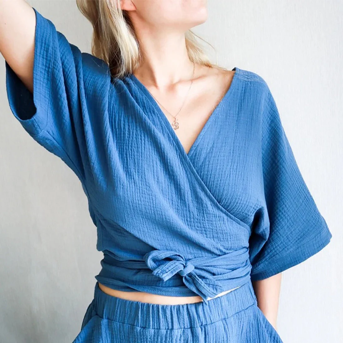 Minimalist Solid Cotton Tie Side Blouse - Image 2