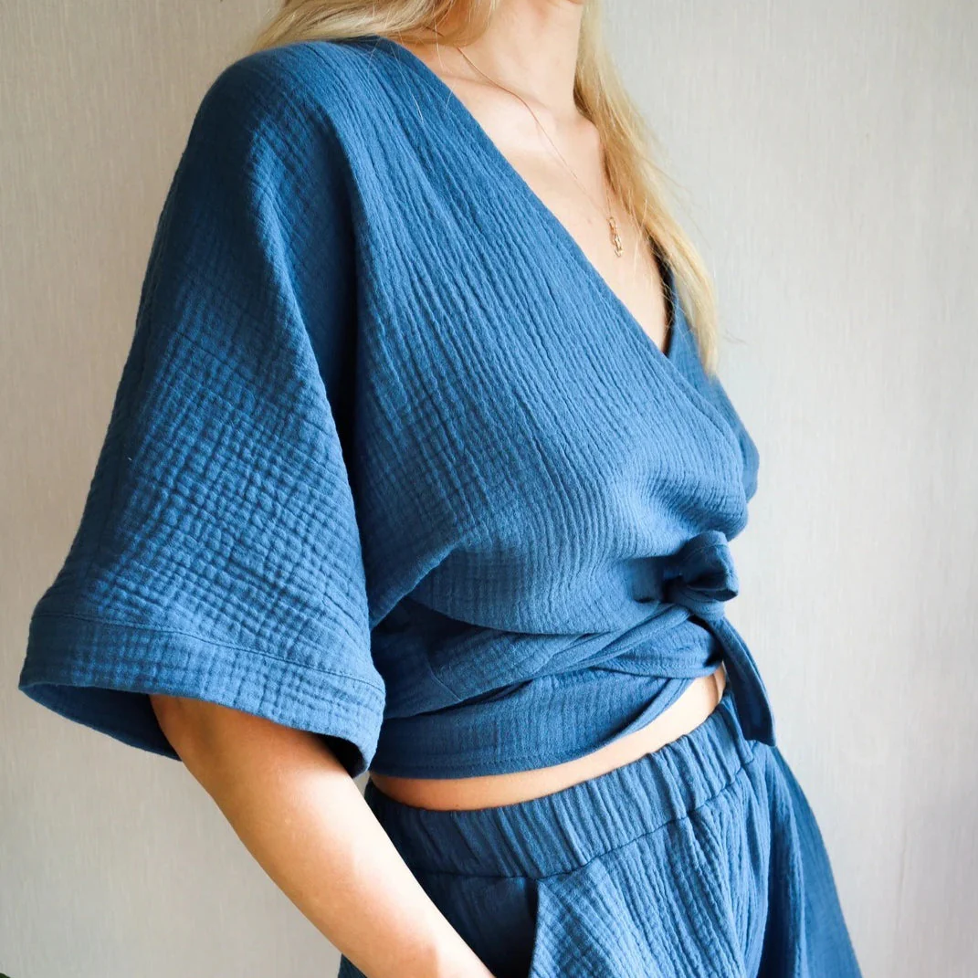 Minimalist Solid Cotton Tie Side Blouse - Image 5