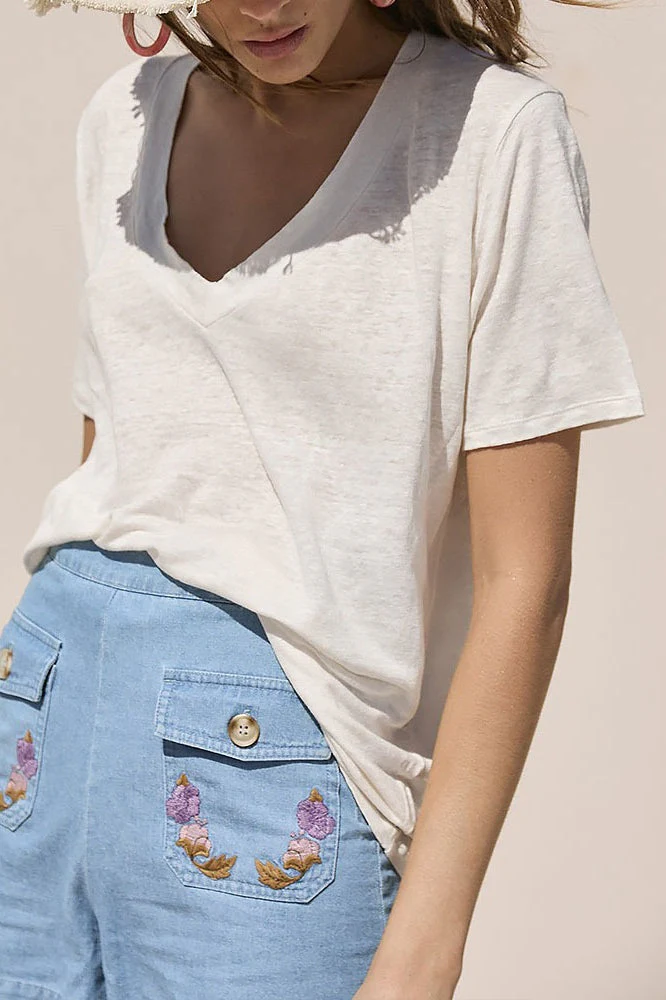 Minimalist Solid Deep V Neck Slub Cotton Loose T-shirt - Image 2