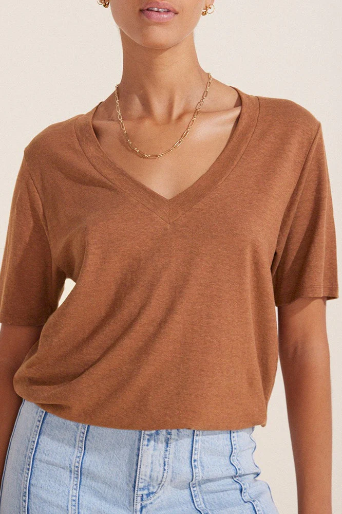 Minimalist Solid Deep V Neck Slub Cotton Loose T-shirt - Image 4