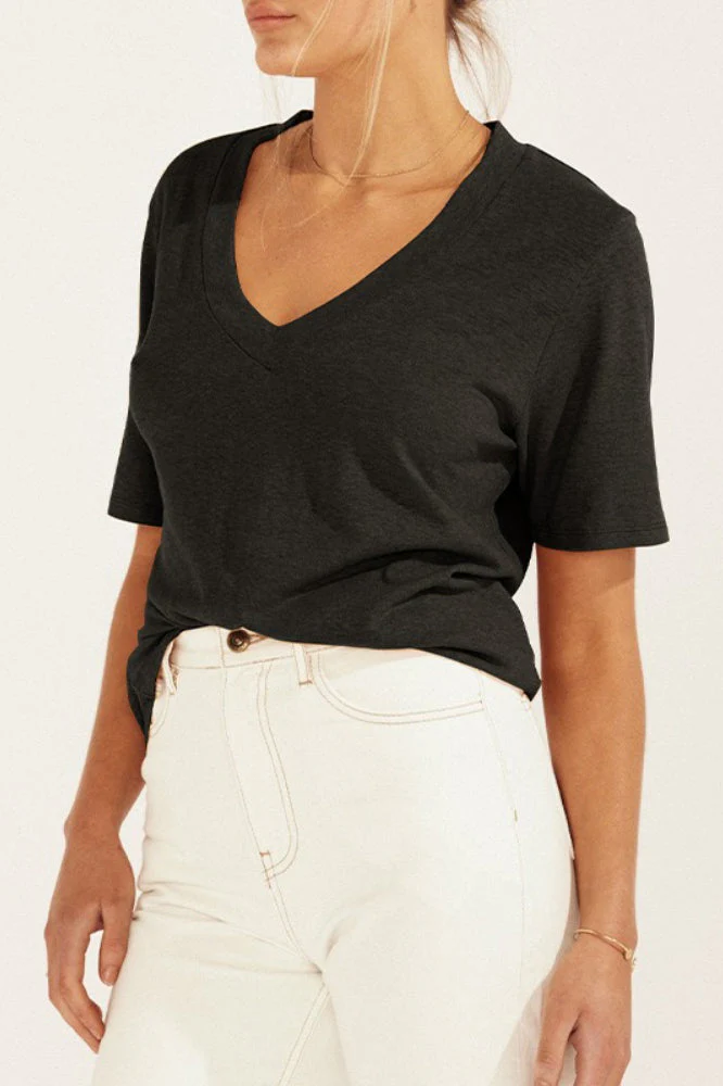 Minimalist Solid Deep V Neck Slub Cotton Loose T-shirt - Image 6