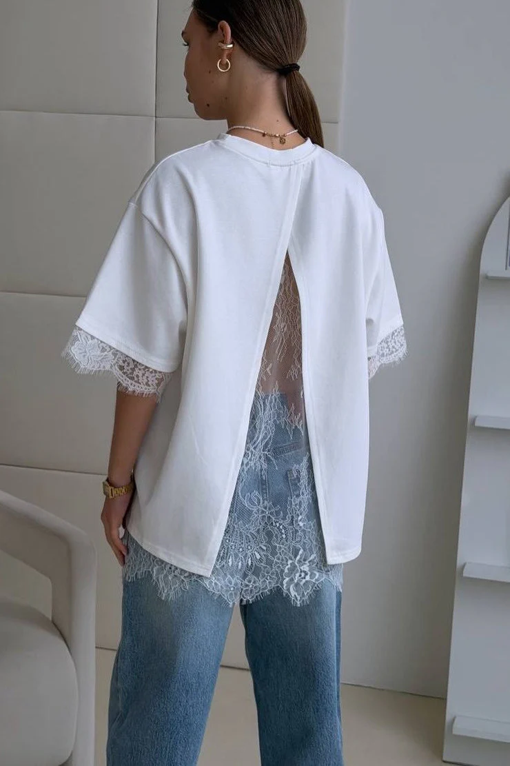 Minimalist Sweet Lace Splice Short Sleeve T-shirt - Image 7