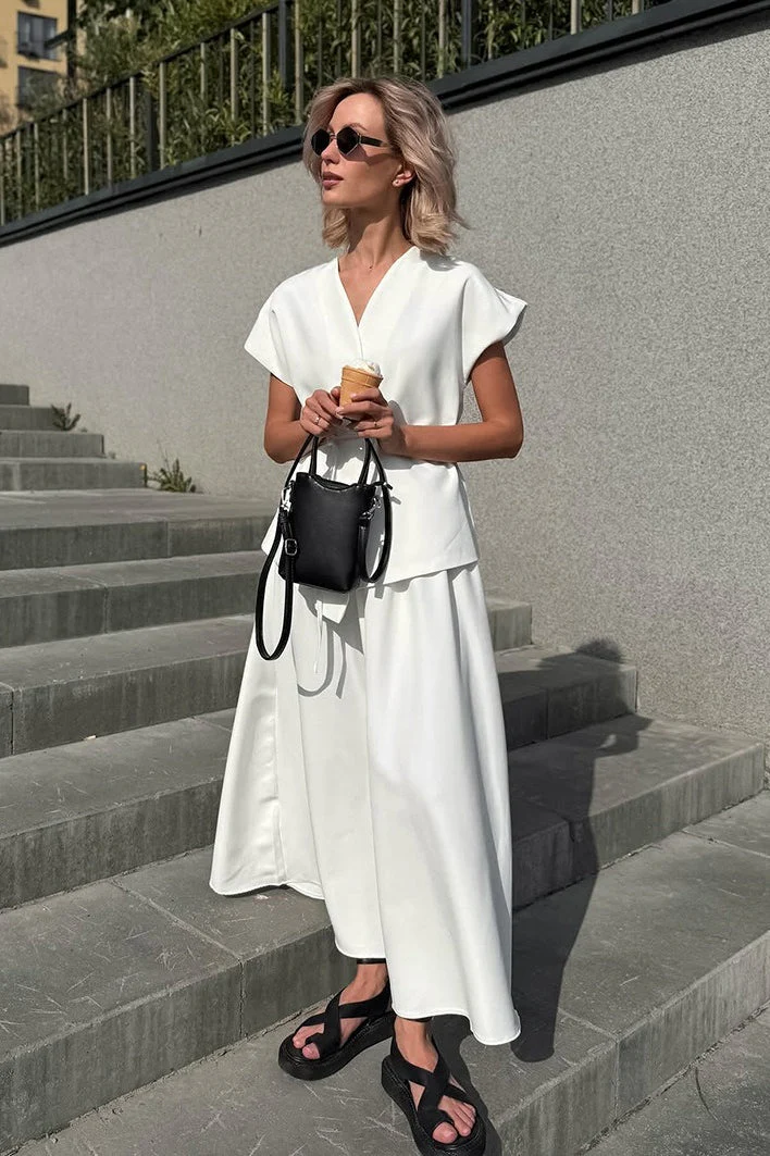 Minimalist Tie Sleeveless Midi A Line Skirt Set - Image 2