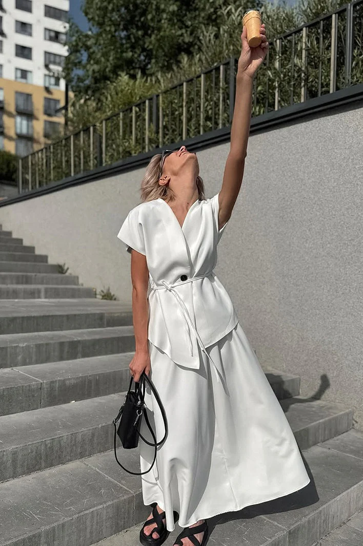 Minimalist Tie Sleeveless Midi A Line Skirt Set - Image 3