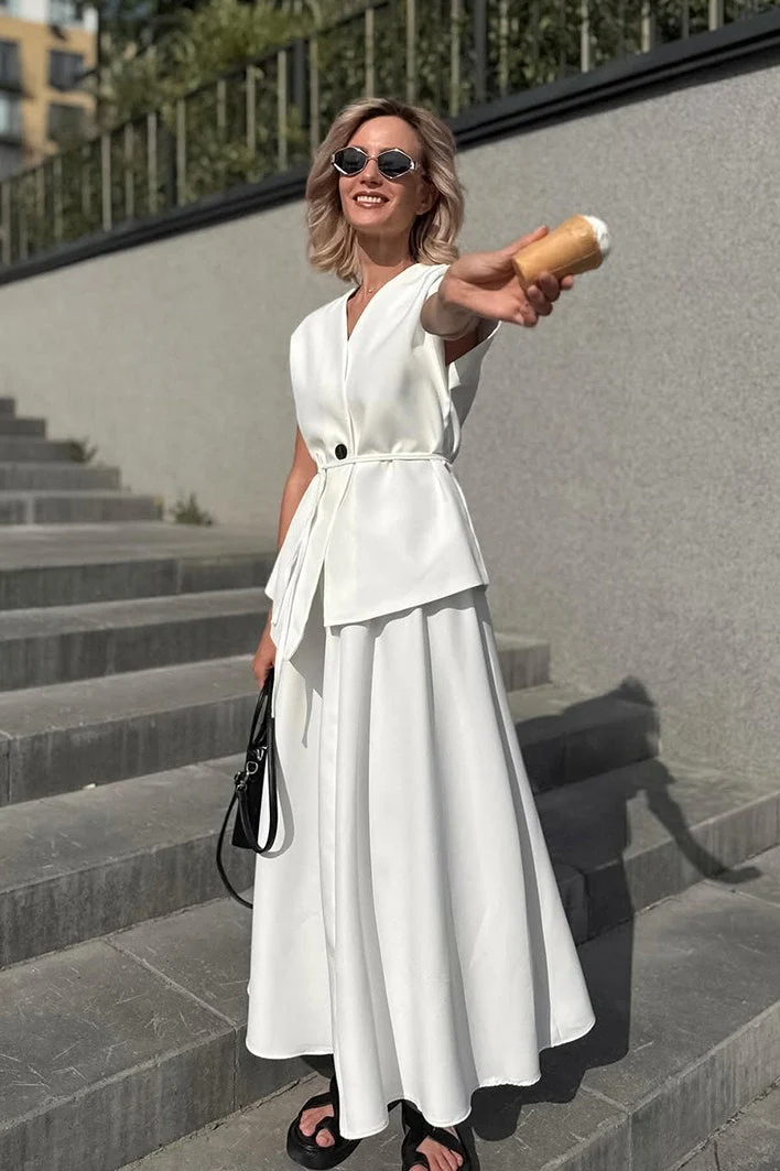 Minimalist Tie Sleeveless Midi A Line Skirt Set - Image 4