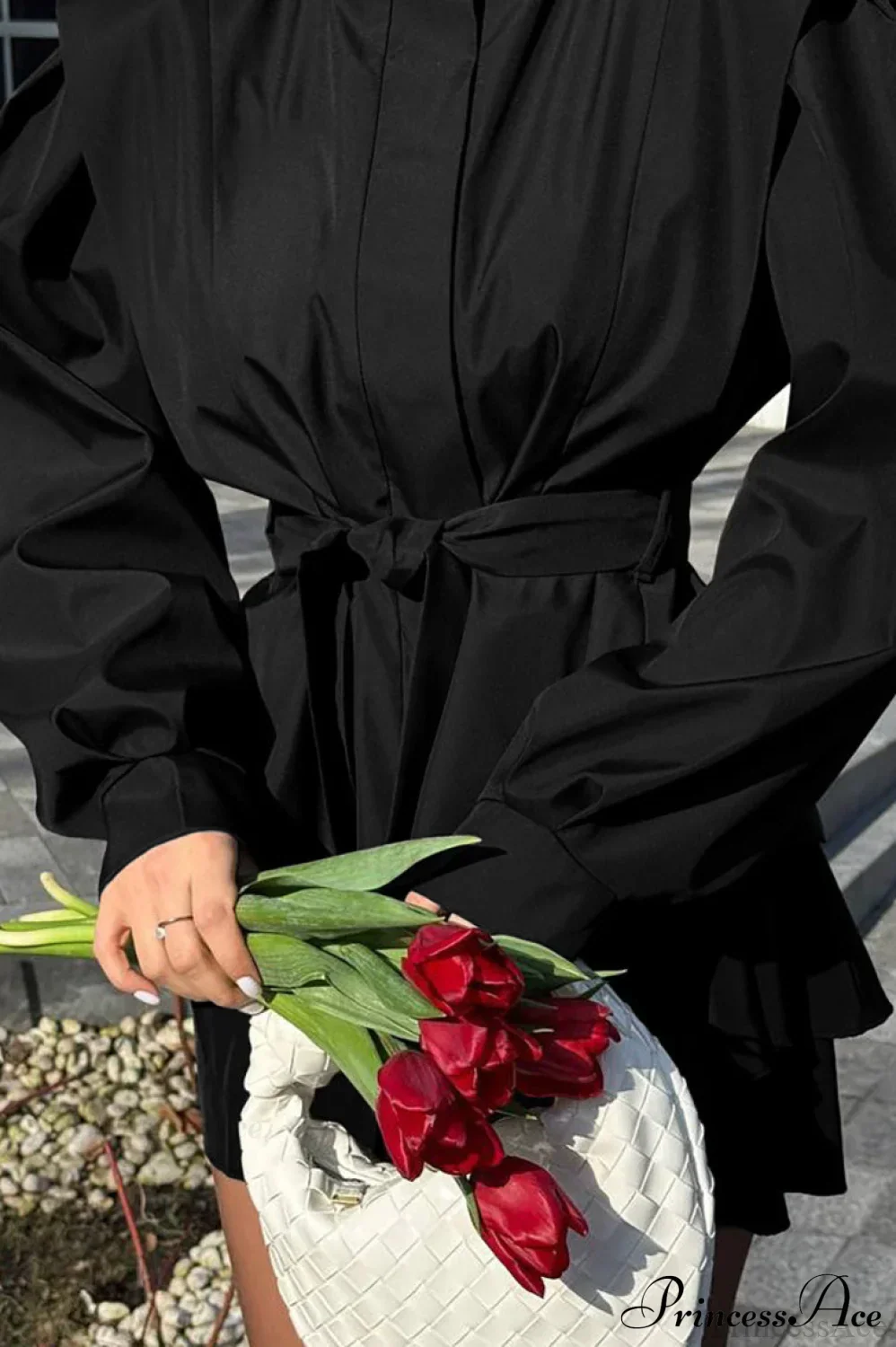 Minimalist Waist Tie Collar Long Sleeve Trench Coat - Image 2