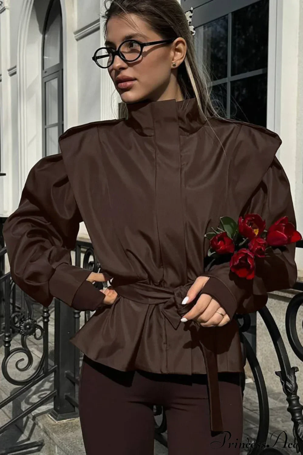 Minimalist Waist Tie Collar Long Sleeve Trench Coat - Image 3