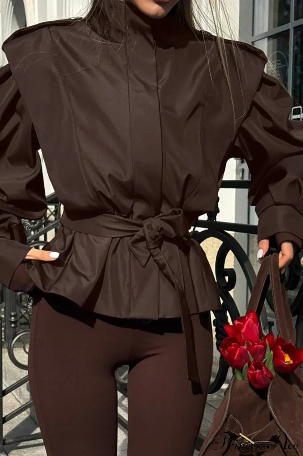 Minimalist Waist Tie Collar Long Sleeve Trench Coat - Image 4
