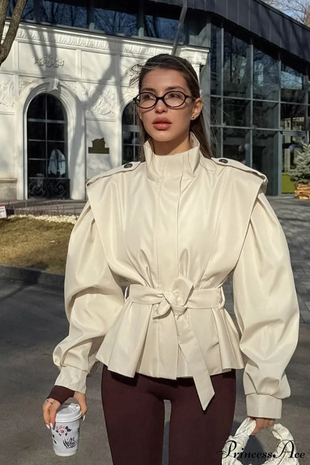 Minimalist Waist Tie Collar Long Sleeve Trench Coat - Image 5