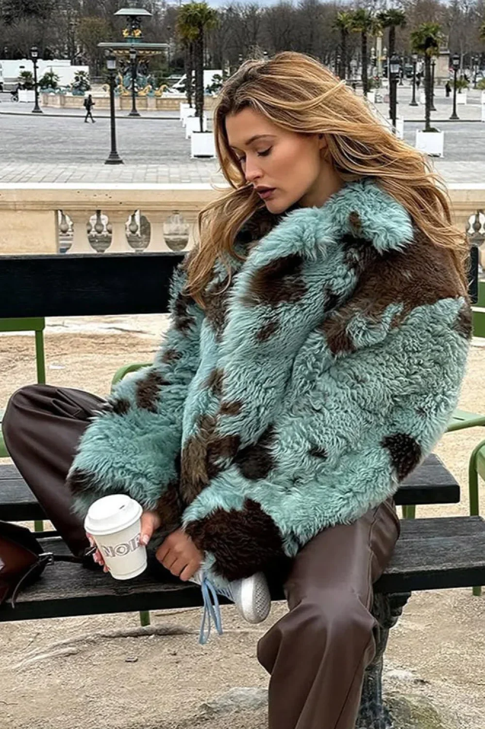 Mixed Color Printed Long Sleeve Cropped Faux Fur Coat - Image 2