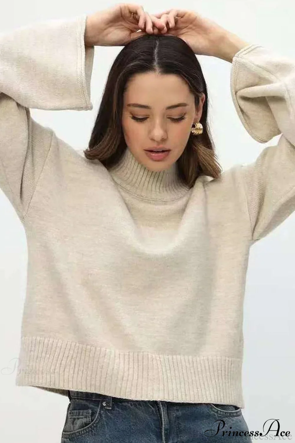Mock Neck Bell-Sleeve Loose Short Sweater - Image 11