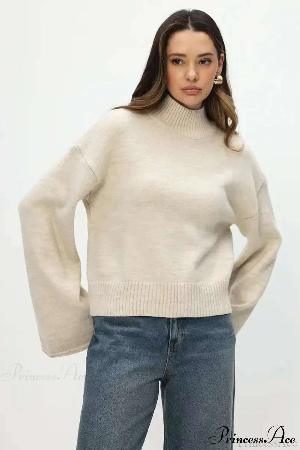 Mock Neck Bell-Sleeve Loose Short Sweater - Image 12