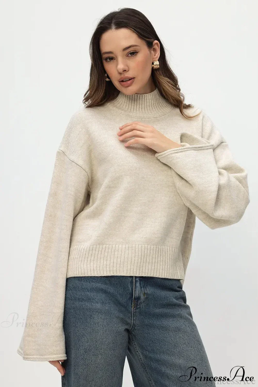 Mock Neck Bell-Sleeve Loose Short Sweater - Image 13