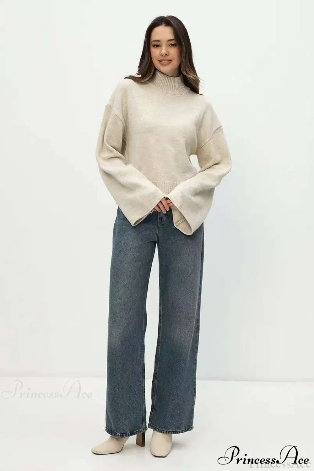 Mock Neck Bell-Sleeve Loose Short Sweater - Image 14