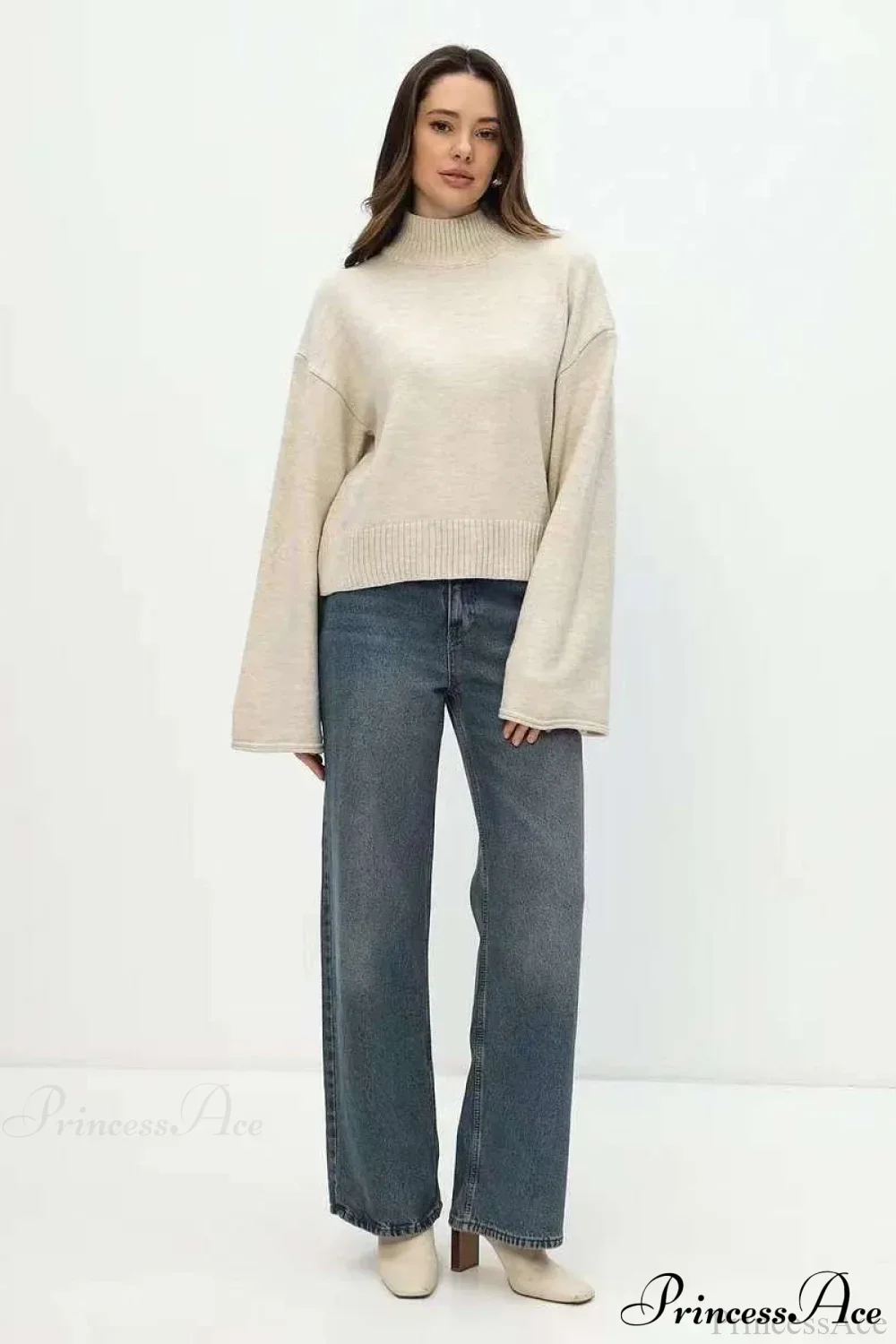 Mock Neck Bell-Sleeve Loose Short Sweater - Image 15