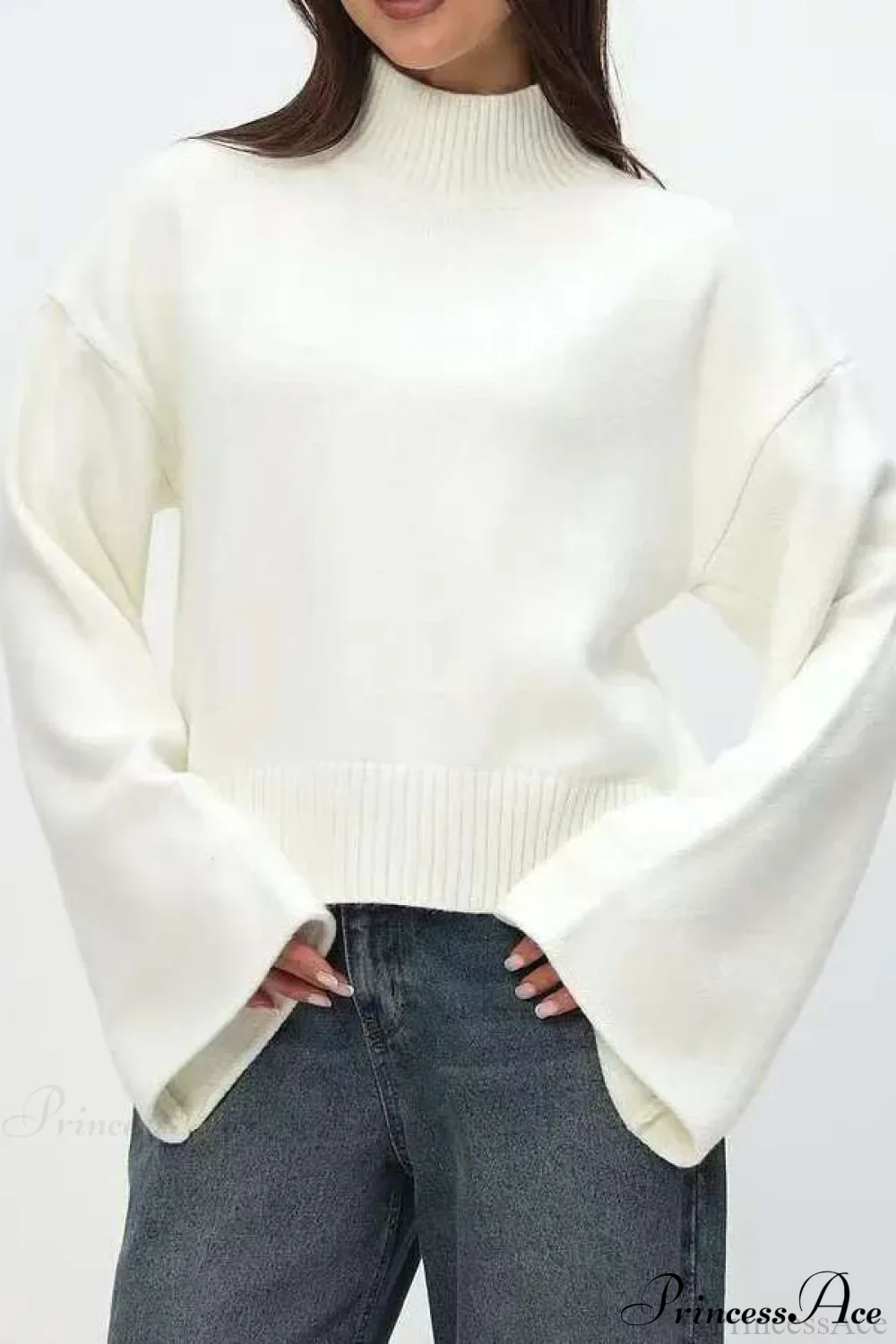 Mock Neck Bell-Sleeve Loose Short Sweater - Image 6