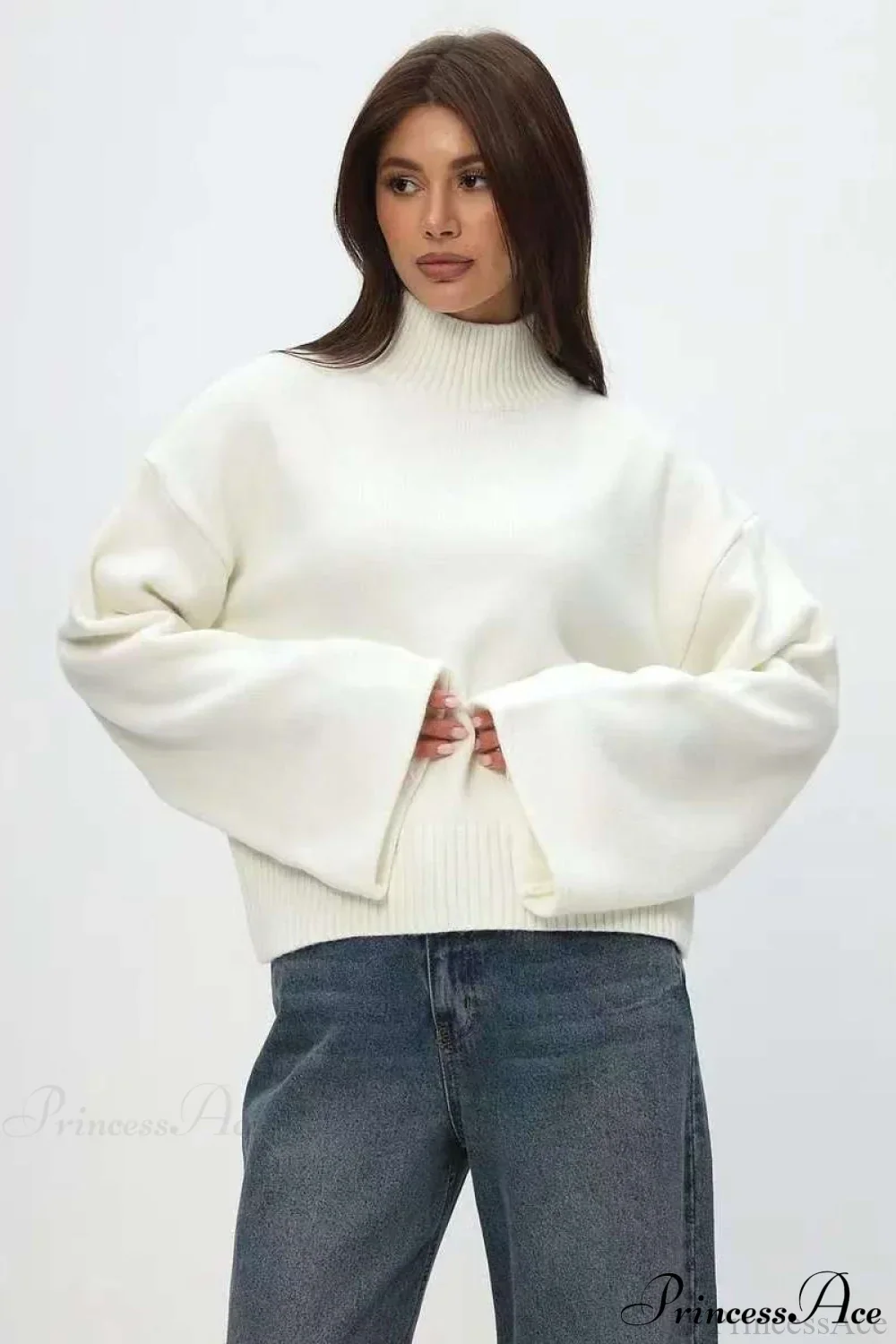 Mock Neck Bell-Sleeve Loose Short Sweater - Image 7