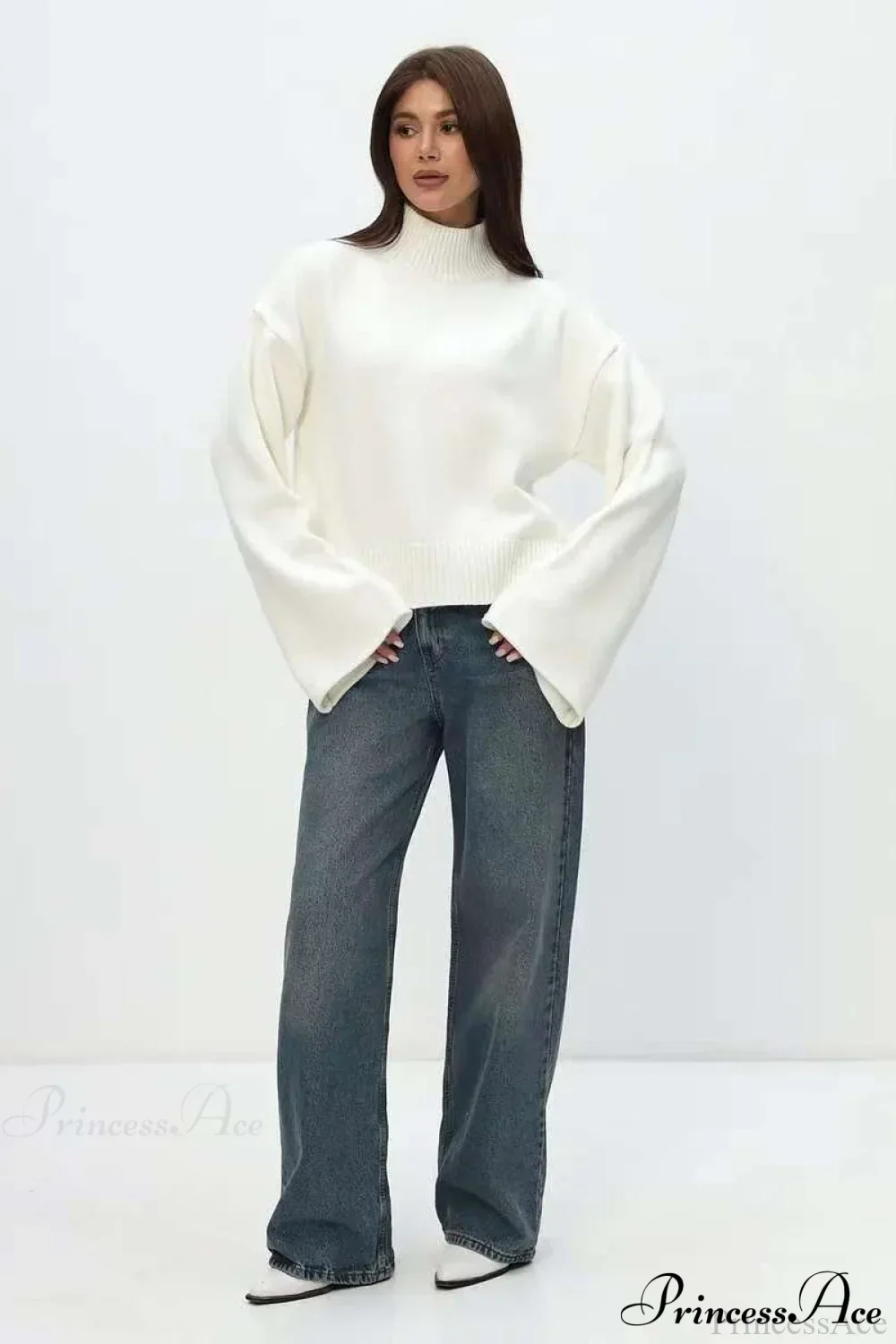Mock Neck Bell-Sleeve Loose Short Sweater - Image 8