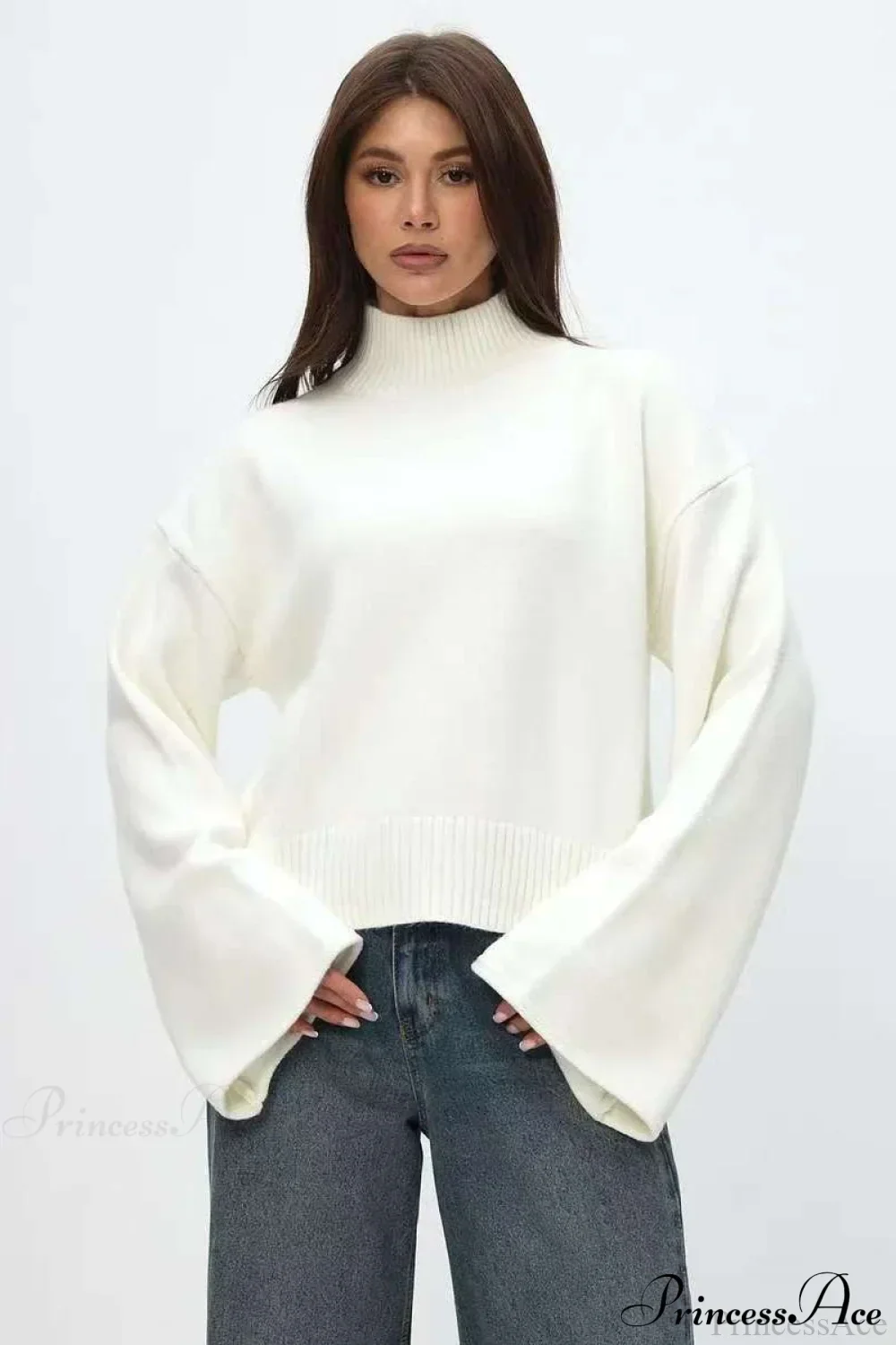 Mock Neck Bell-Sleeve Loose Short Sweater - Image 9