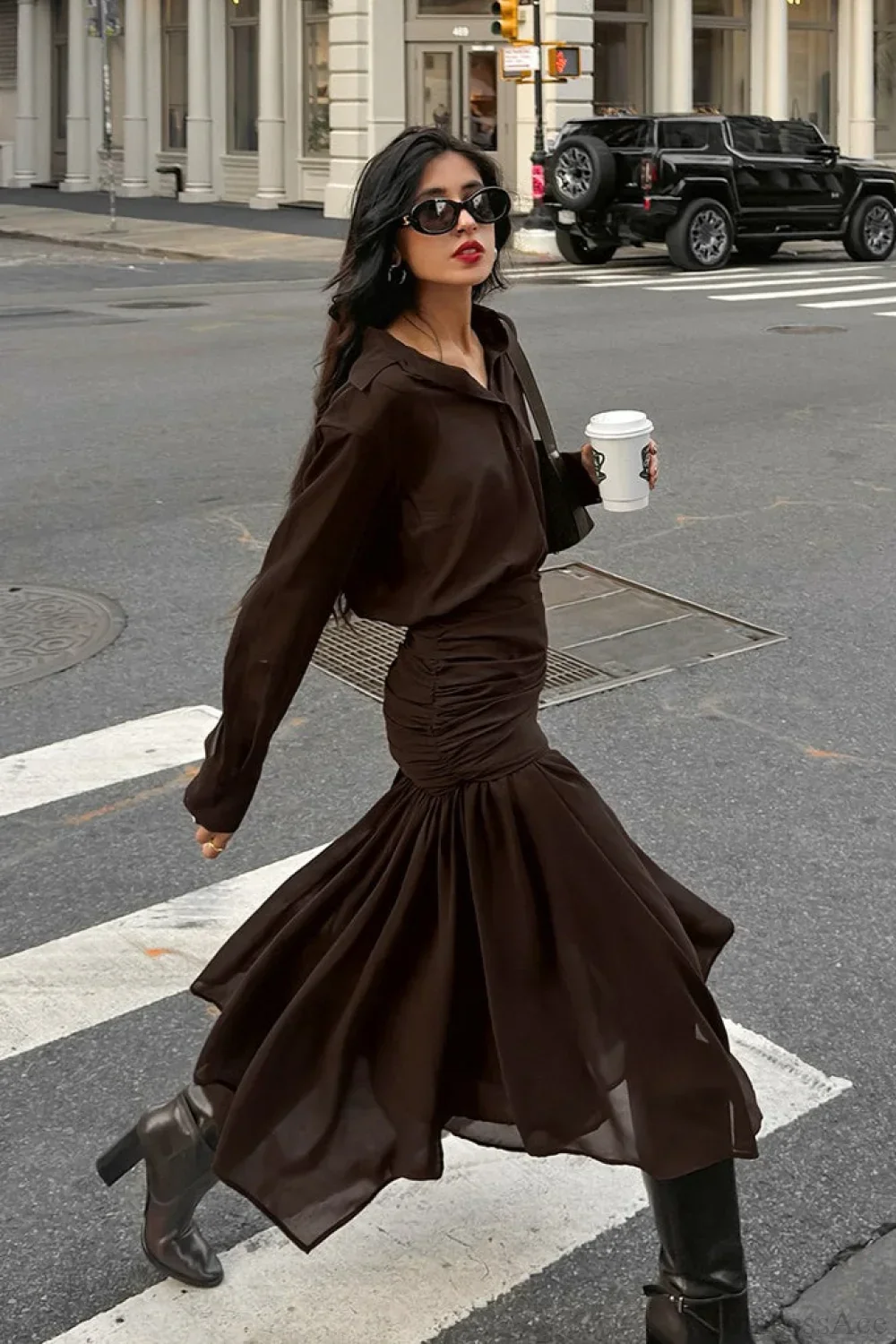 Moody Brown Chiffon Long Sleeve Asymmetrical Two Piece Set - Image 2