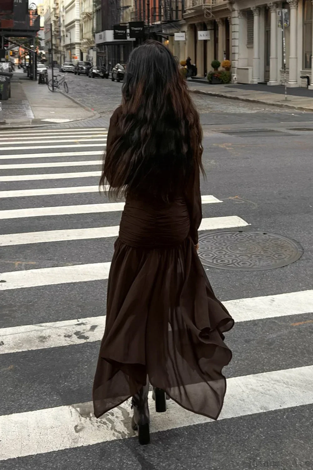 Moody Brown Chiffon Long Sleeve Asymmetrical Two Piece Set - Image 3