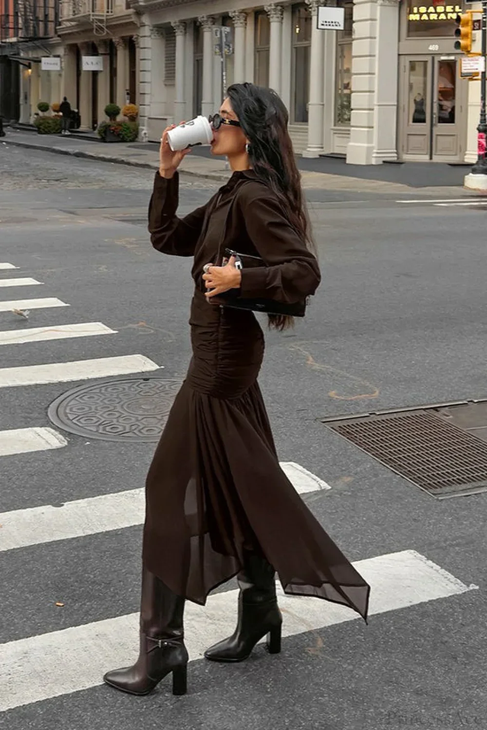 Moody Brown Chiffon Long Sleeve Asymmetrical Two Piece Set - Image 4
