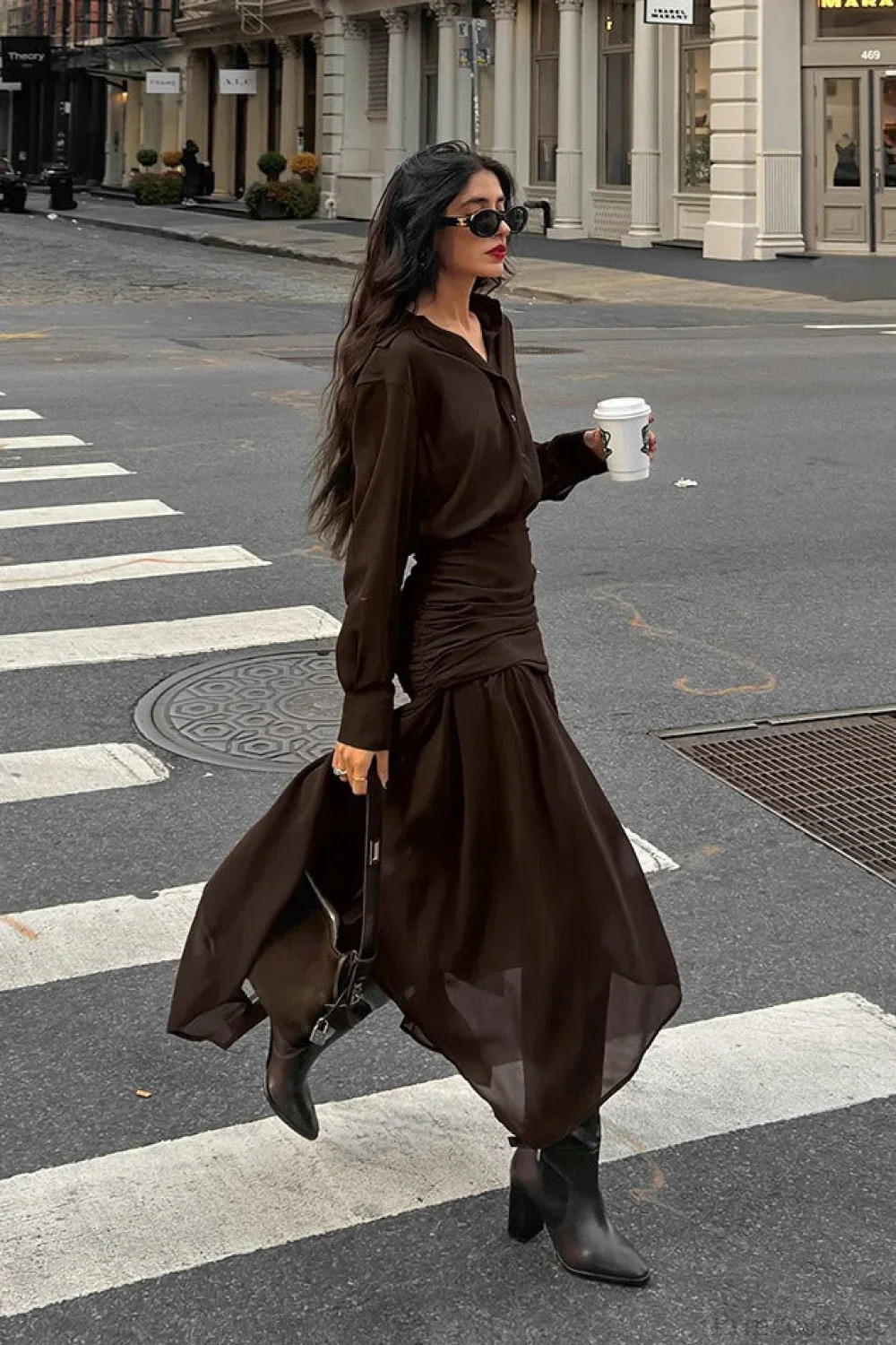 Moody Brown Chiffon Long Sleeve Asymmetrical Two Piece Set - Image 5