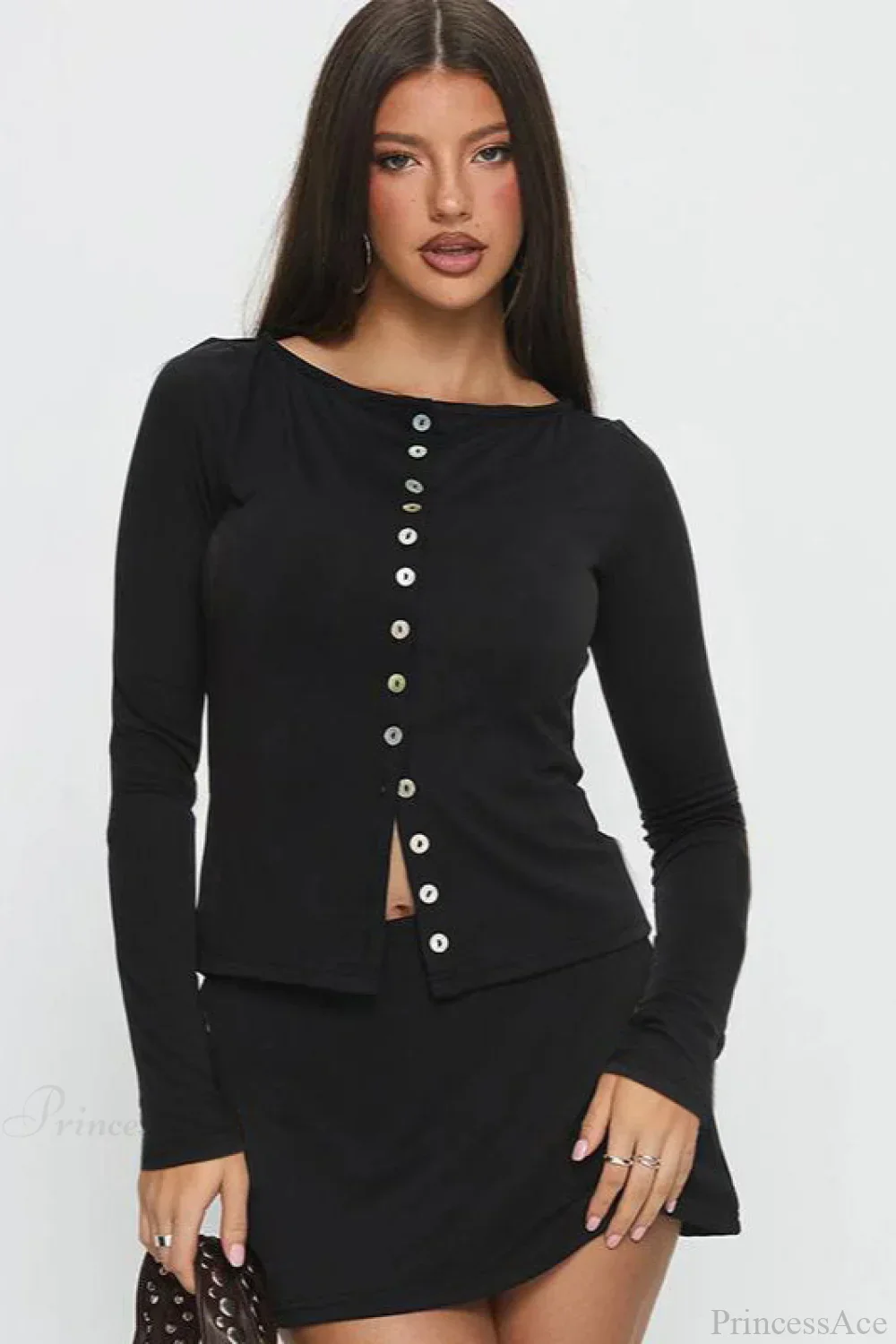 Multi-Button Fitted Solid Long Sleeve Tee - Image 2
