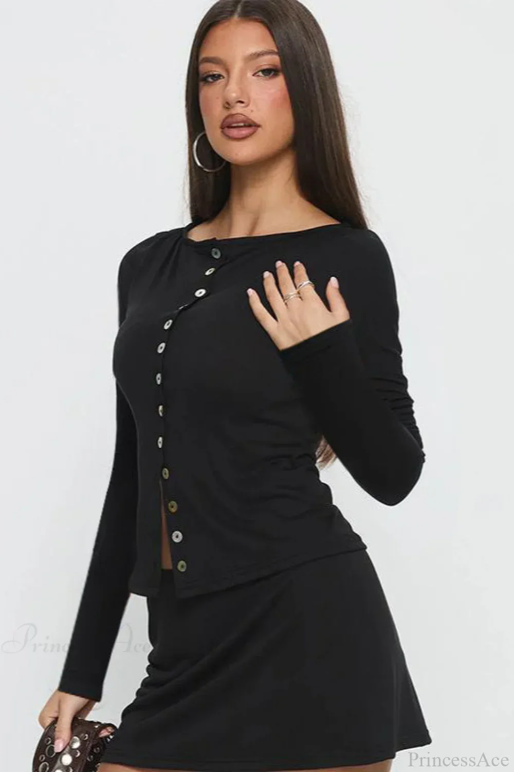 Multi-Button Fitted Solid Long Sleeve Tee - Image 3