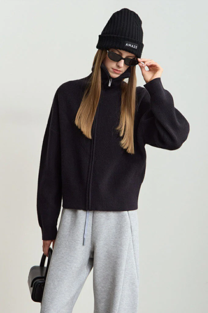 Naval-Collar Zip Lazy-Style Thick Knit Cardigan - Image 10