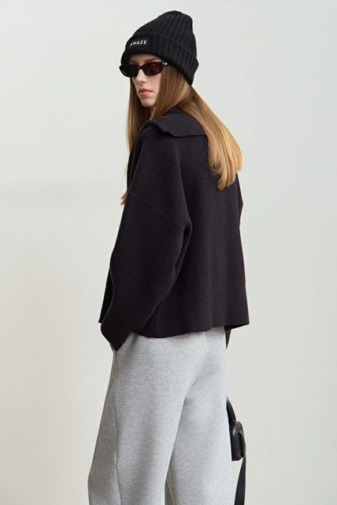 Naval-Collar Zip Lazy-Style Thick Knit Cardigan - Image 11