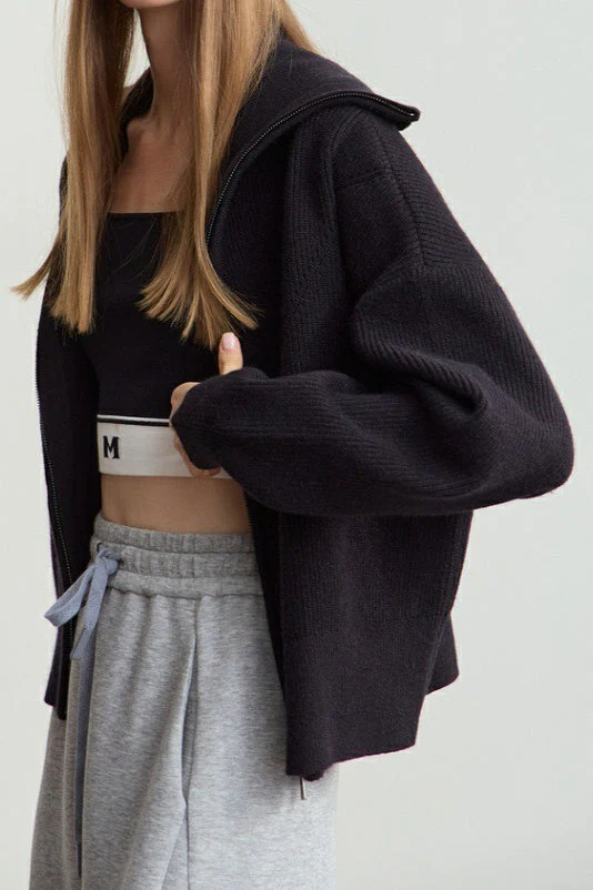 Naval-Collar Zip Lazy-Style Thick Knit Cardigan - Image 12