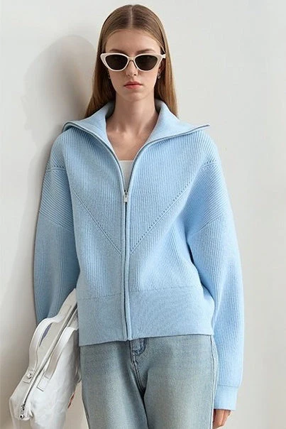 Naval-Collar Zip Lazy-Style Thick Knit Cardigan - Image 2