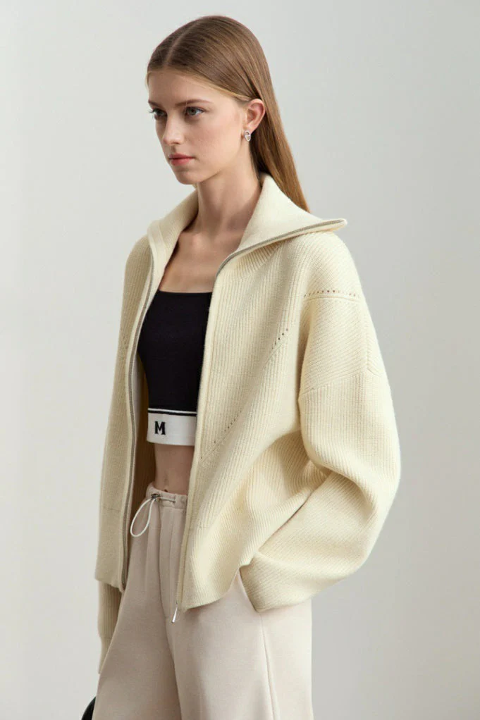 Naval-Collar Zip Lazy-Style Thick Knit Cardigan - Image 5