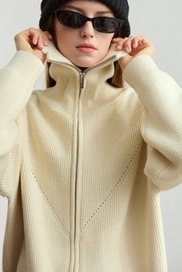 Naval-Collar Zip Lazy-Style Thick Knit Cardigan - Image 6
