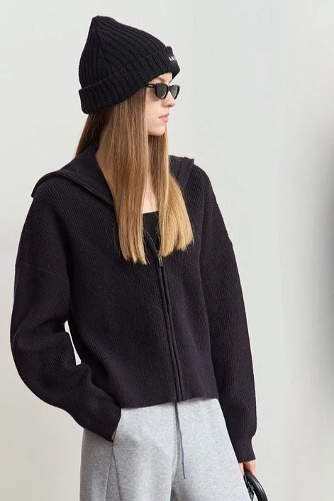 Naval-Collar Zip Lazy-Style Thick Knit Cardigan - Image 9