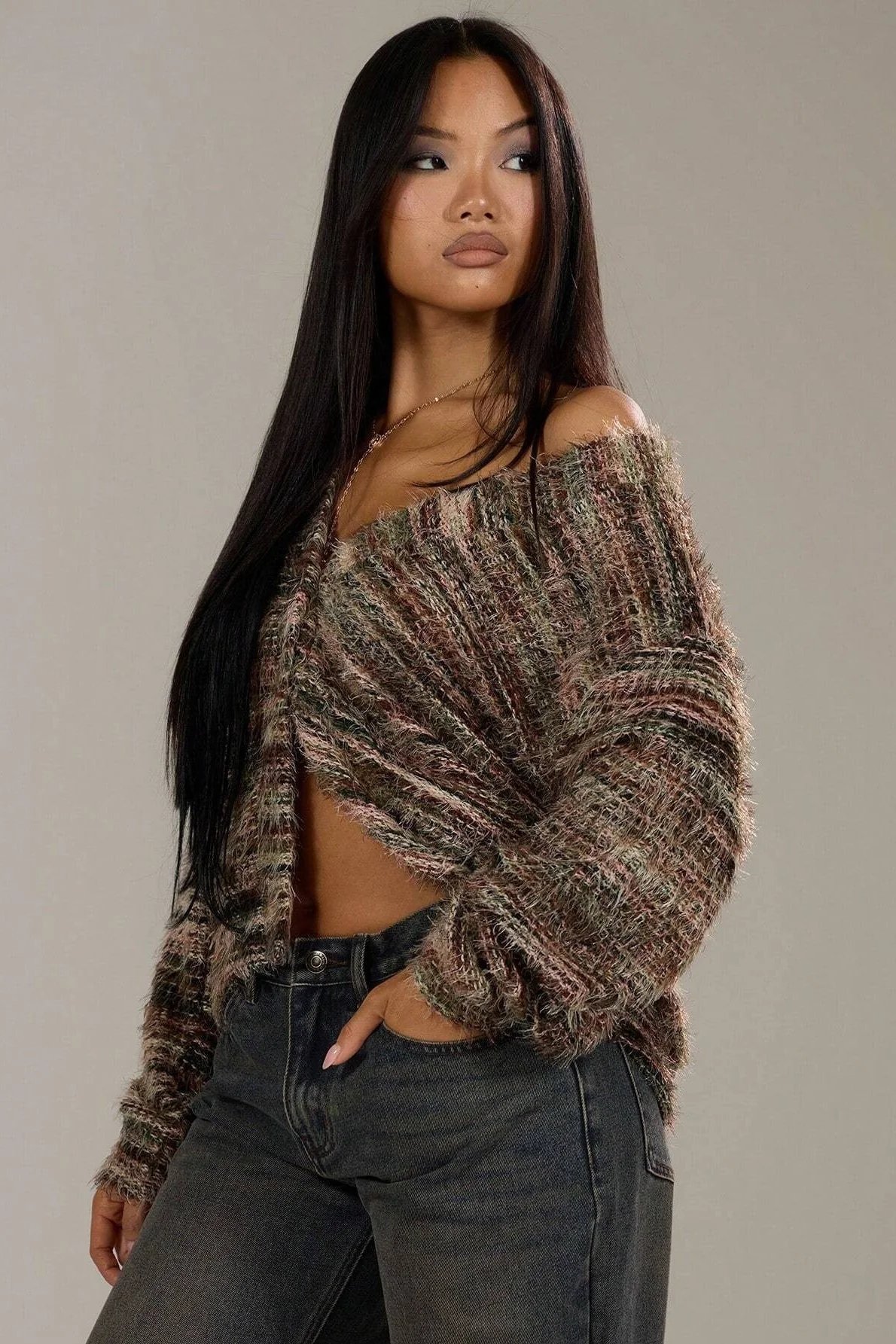 New Retro Fashion Deep V-Neck Maillard Plush Long-Sleeve Knit Cardigan - Image 11