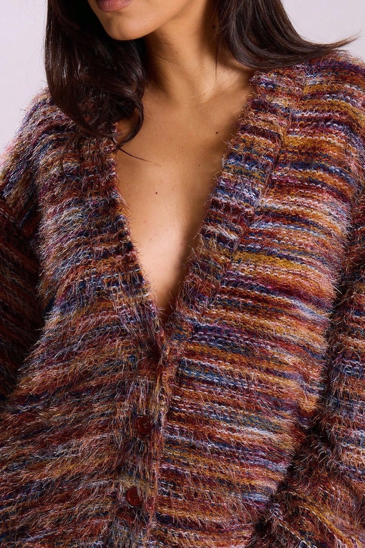 New Retro Fashion Deep V-Neck Maillard Plush Long-Sleeve Knit Cardigan - Image 4