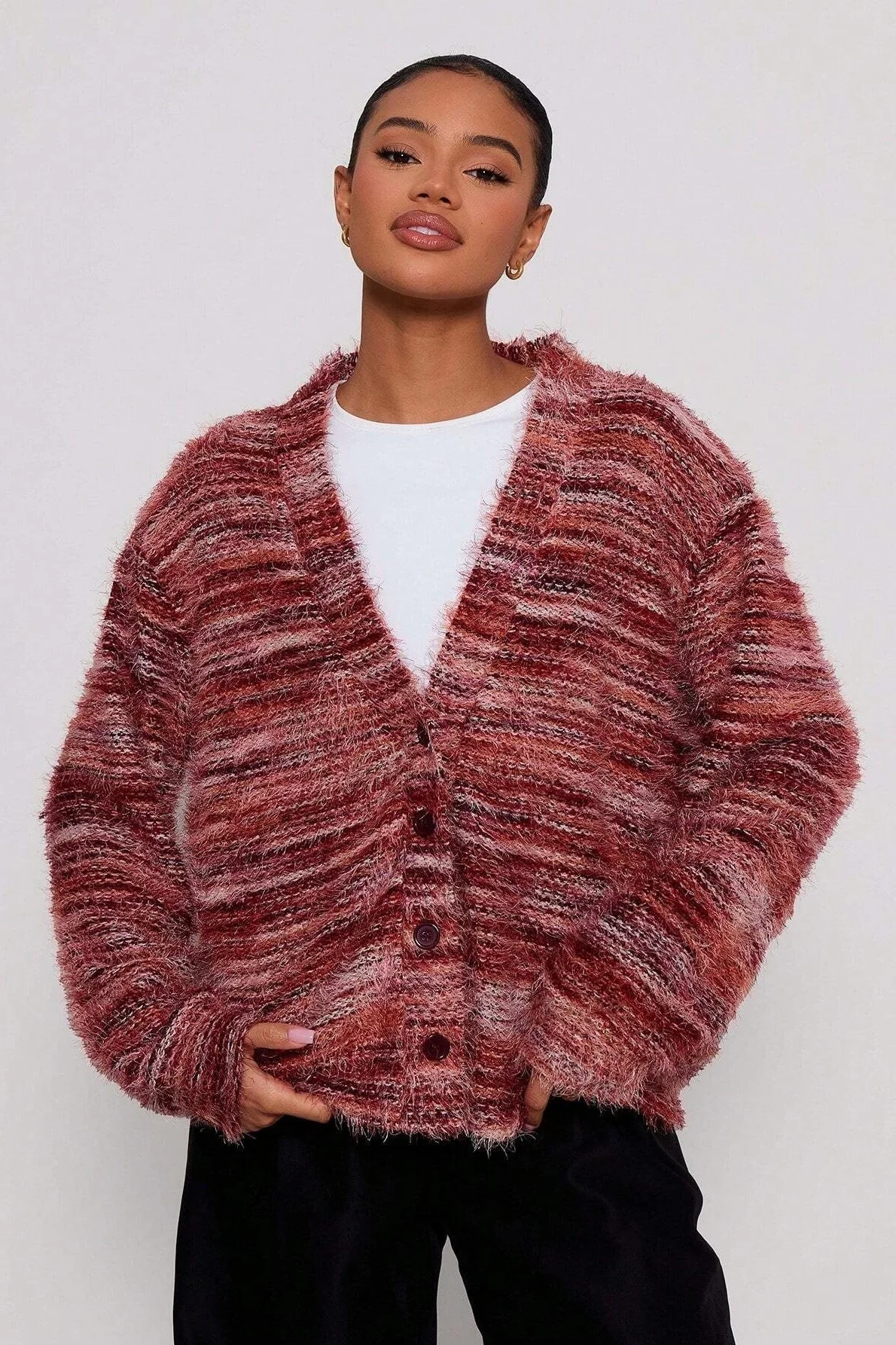 New Retro Fashion Deep V-Neck Maillard Plush Long-Sleeve Knit Cardigan - Image 5