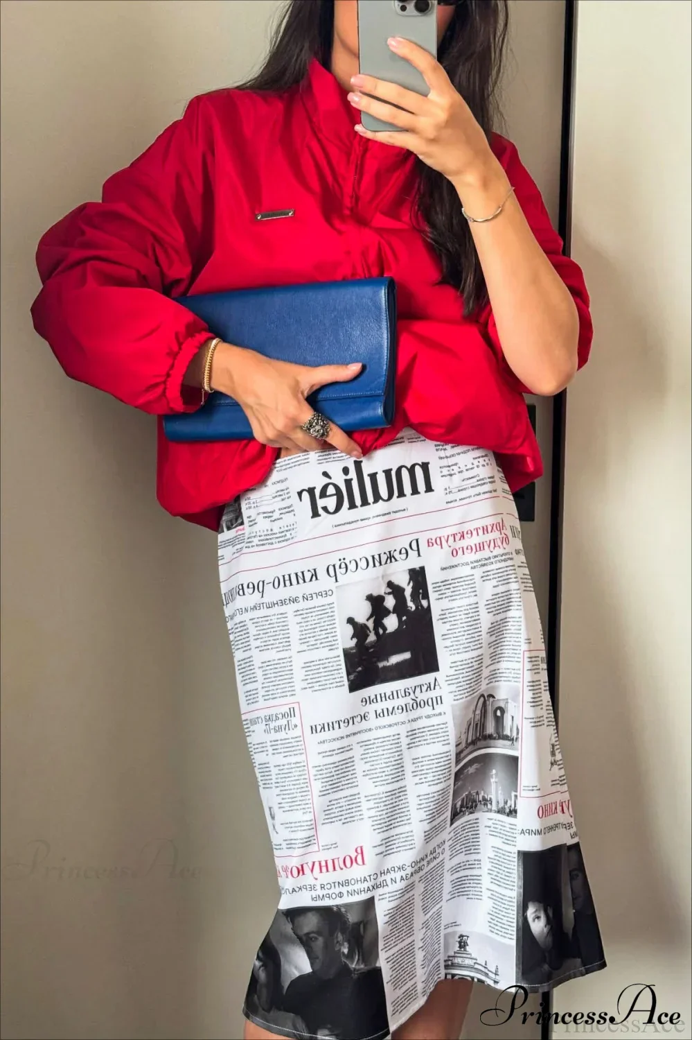 Newspaper Print High Waist Midi Skirt - Image 3