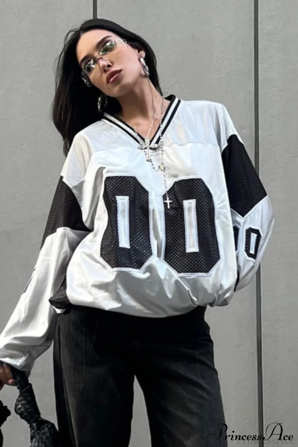 Number Print V Neck Color Block Loose Sweatshirt - Image 2