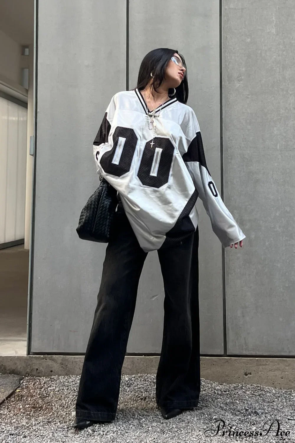 Number Print V Neck Color Block Loose Sweatshirt - Image 3