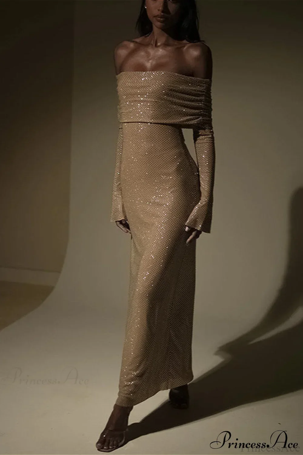 Off Neck Sequined Slim Fitted Long Party Dress - Image 4