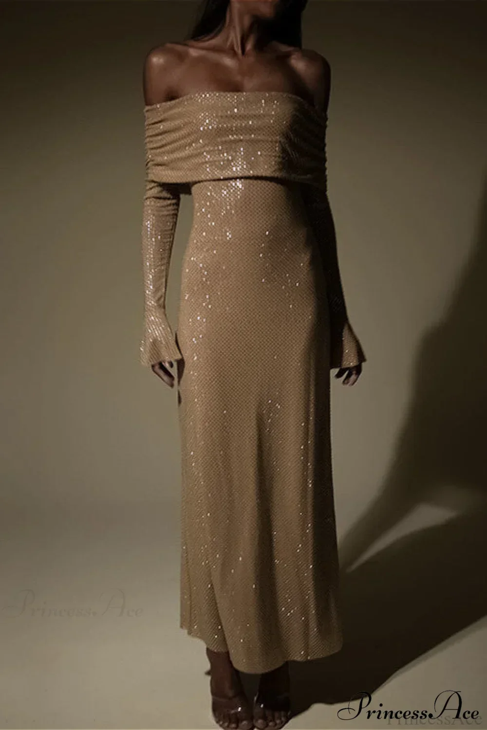 Off Neck Sequined Slim Fitted Long Party Dress - Image 5