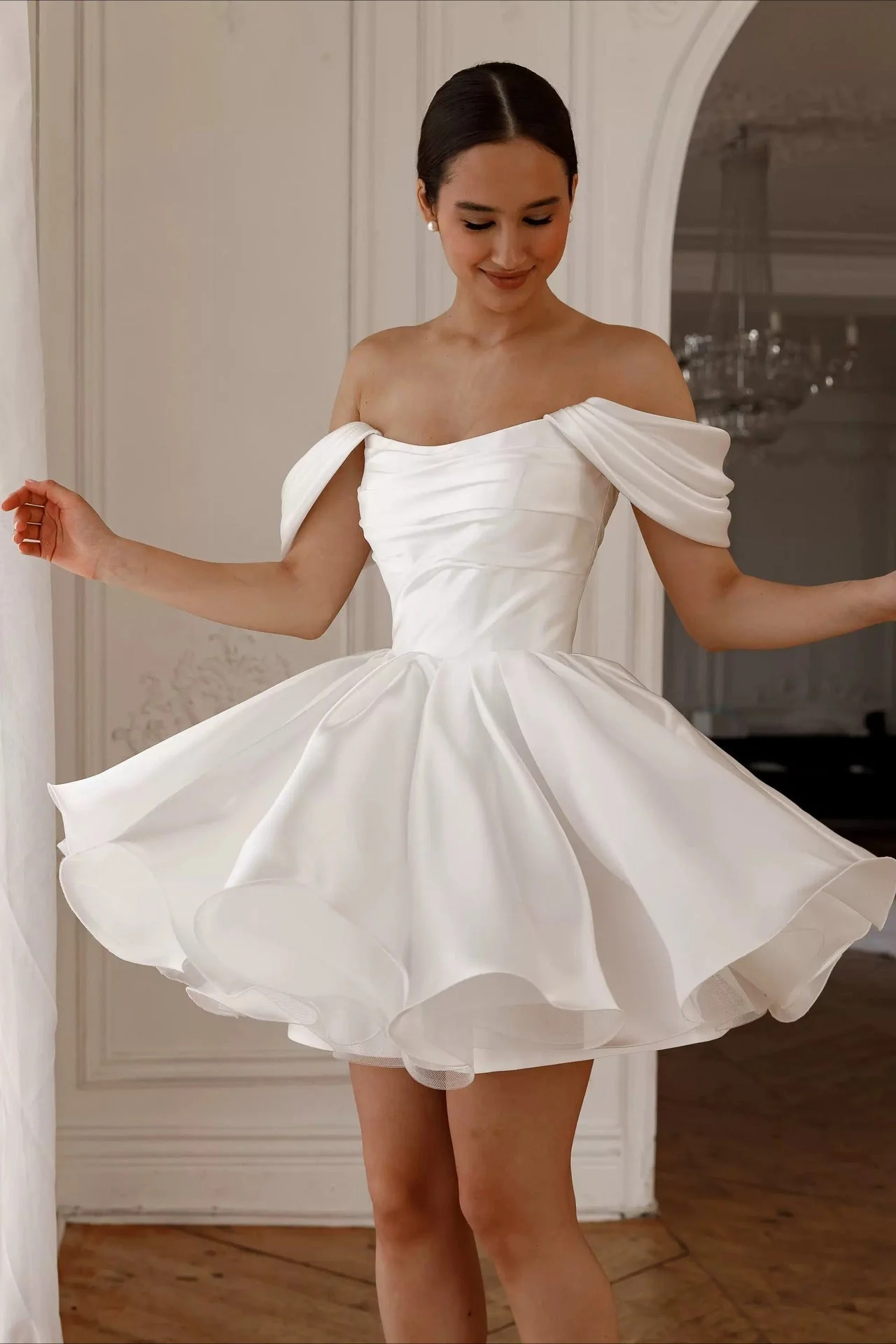 Off Shoulder Back Lace-up Short Fluffy Prom Dress - Image 2