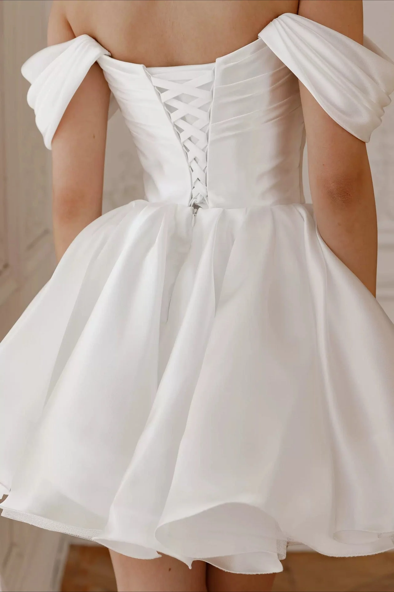 Off Shoulder Back Lace-up Short Fluffy Prom Dress - Image 3